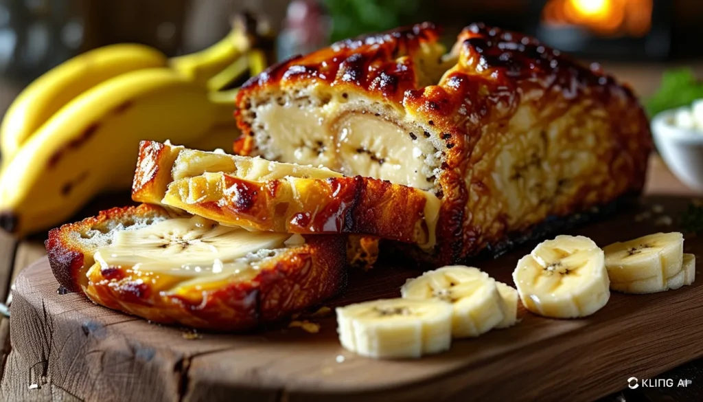 A loaf of cottage cheese banana bread with a golden crust, sliced to reveal a moist and creamy interior, surrounded by bananas and cottage cheese.