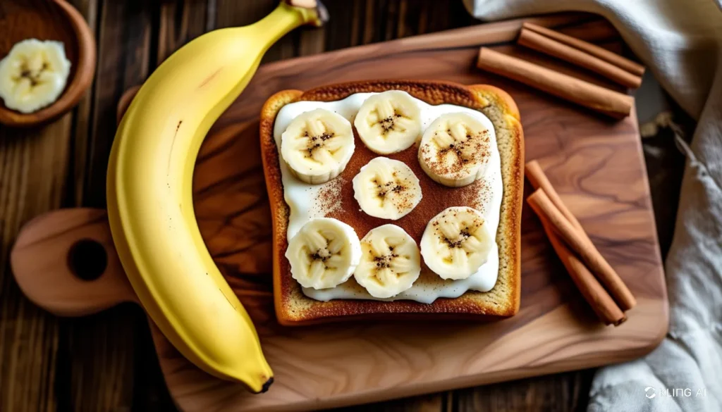 Loaf of cream cheese banana bread with cinnamon topping, sliced to show cream cheese layer, placed on a rustic wooden board."