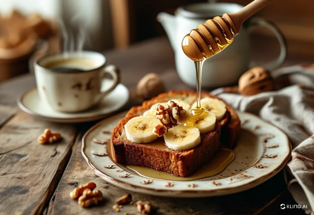 A plated slice of banana bread without butter, topped with honey and walnuts, served with coffee.