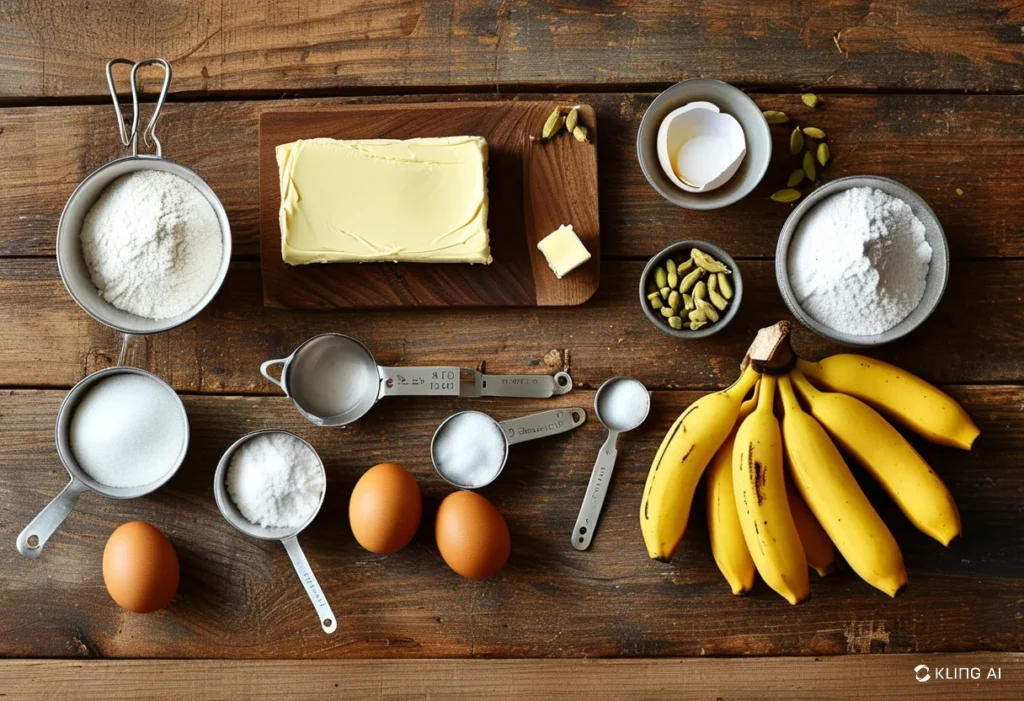 Flat lay of baking ingredients on a rustic wooden countertop, including ripe bananas, a block of butter on a wooden board, eggs, sugar, flour, cardamom pods, baking soda, and measuring cups and spoons neatly arranged."