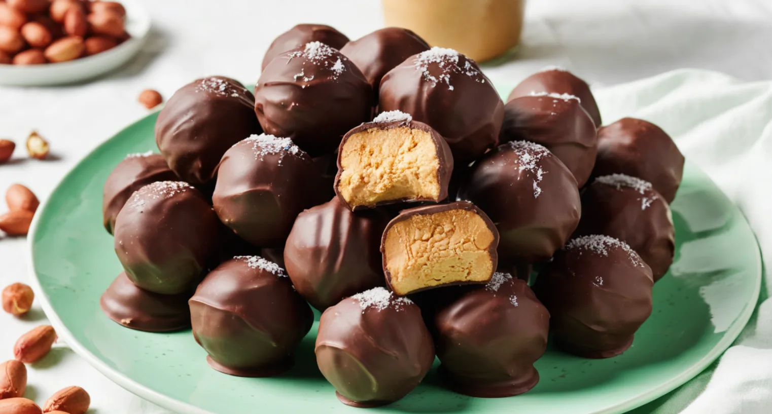 Chocolate-coated peanut butter balls on a white platter, sprinkled with sea salt and surrounded by crushed peanuts and peanut butter jars