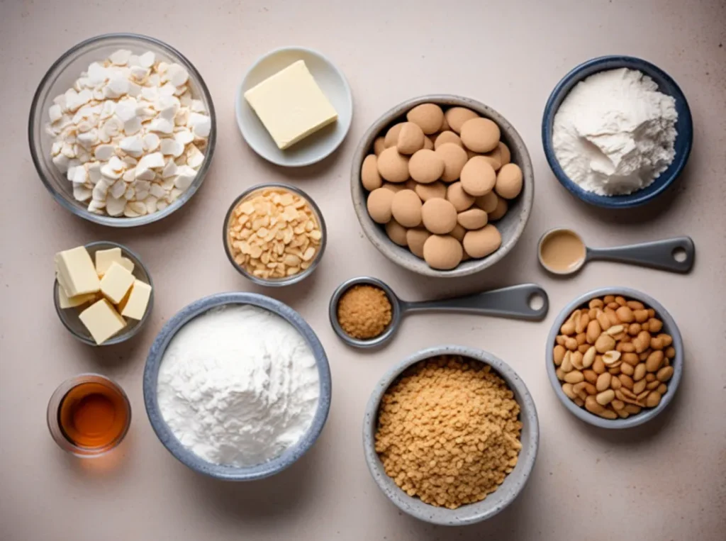 Ingredients for peanut butter balls, including peanut butter, powdered sugar, graham cracker crumbs, and melted chocolate on a wooden board.