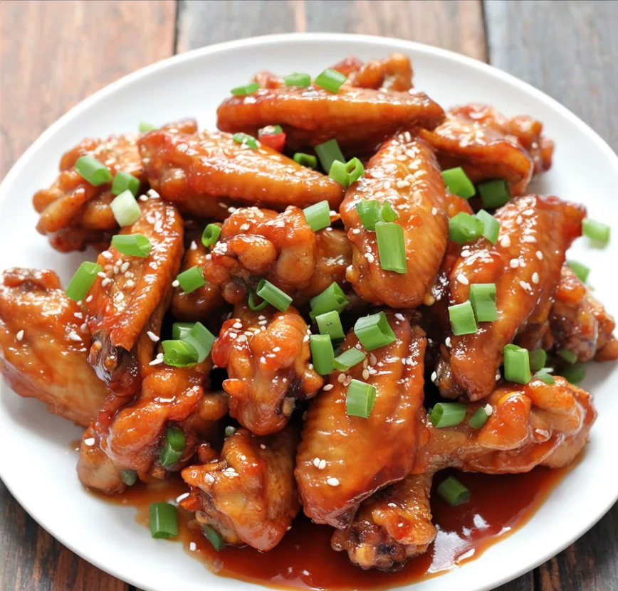 Sweet and Sour Chicken Wings with sesame seeds and green onions on a wooden platter.