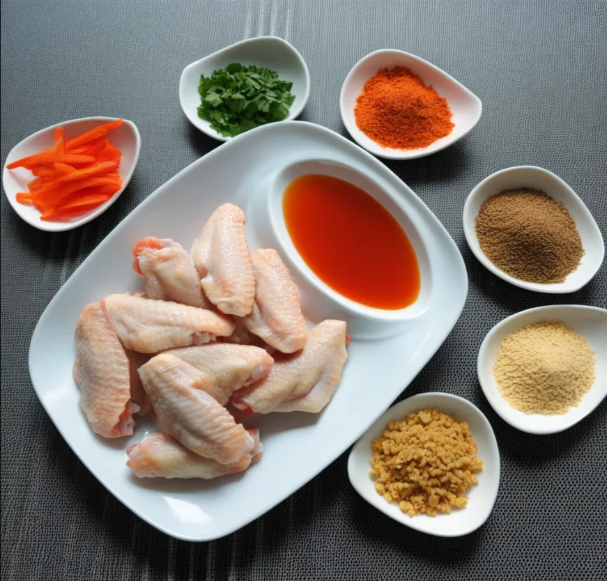  Ingredients for sweet and sour chicken wings, including soy sauce, garlic, honey, and sesame seeds.