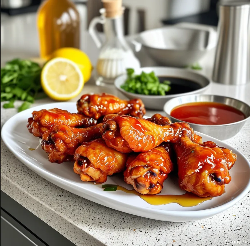 Plated Sweet and Sour Chicken Wings garnished with cilantro and lime wedges.