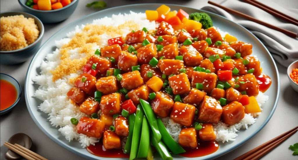 Close-up of sweet and sour chicken garnished with sesame seeds and green onions, served with steamed rice on a wooden table."