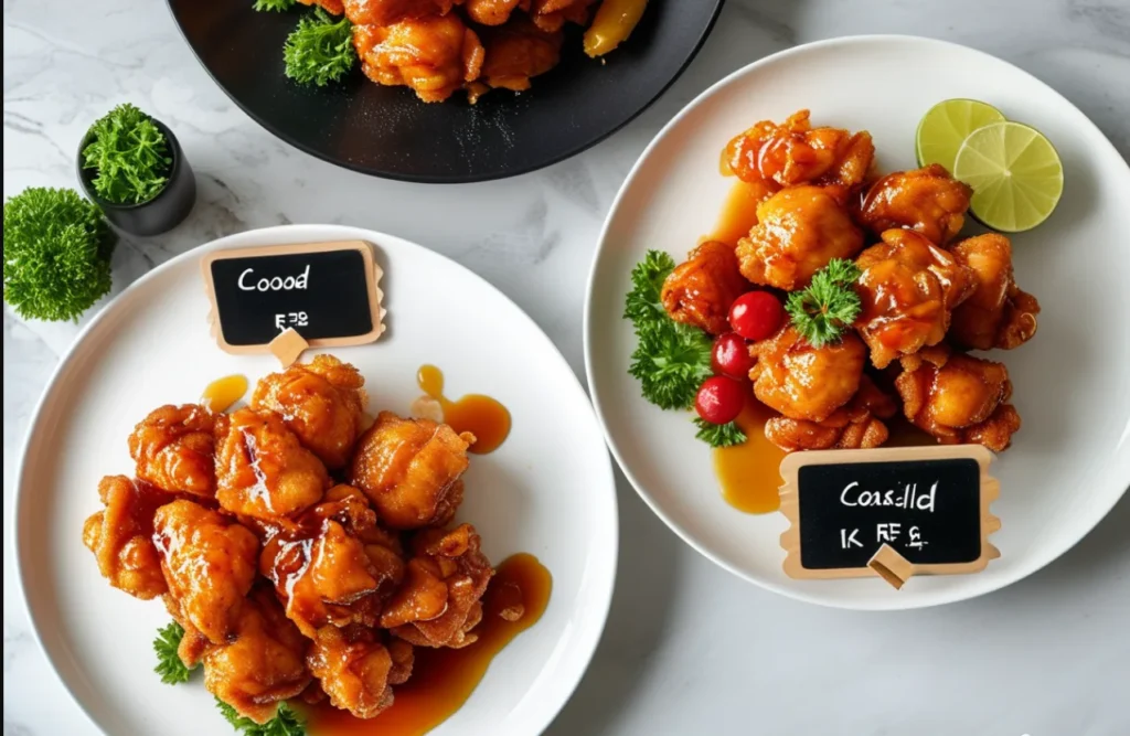 Portion sizes of sweet and sour chicken on white plates with labeled calorie counts for small, medium, and large servings."