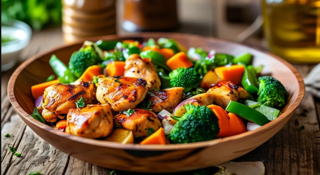 "Homemade sweet and sour chicken with grilled chicken, lighter sauce, and fresh vegetables on a rustic table.