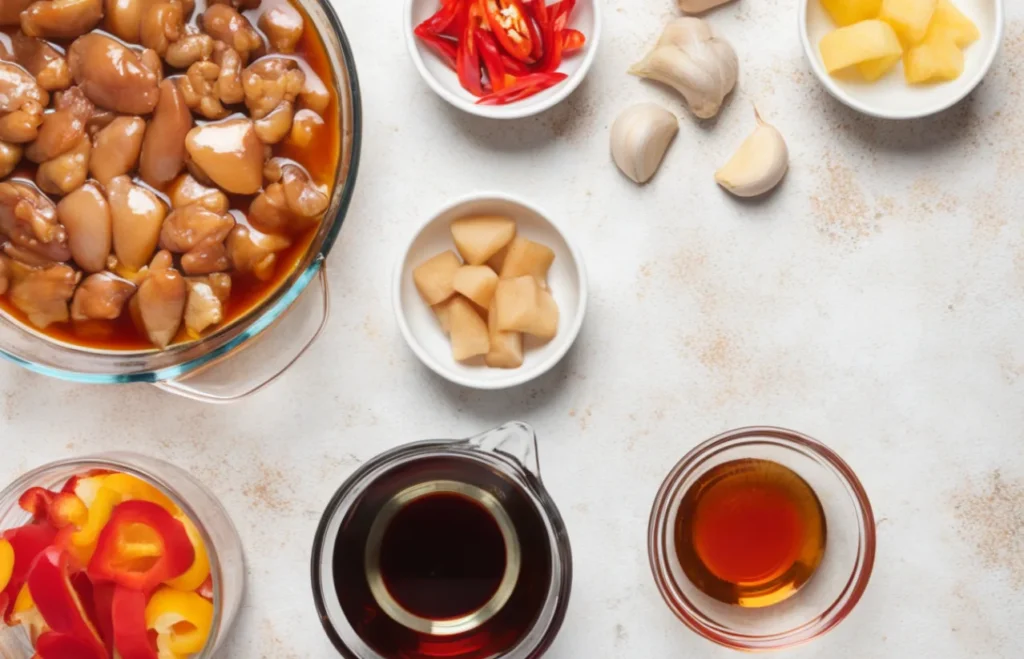 "Flat lay of sweet and sour chicken ingredients, including raw chicken, bell peppers, pineapple chunks, soy sauce, sugar, and rice vinegar, arranged on a rustic kitchen countertop."