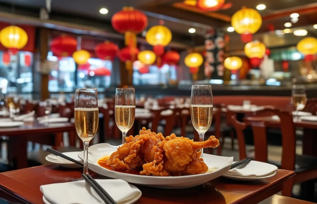 "Interior of a Champaign Chinese restaurant featuring sweet and sour chicken served at a table, surrounded by authentic Chinese decor and warm ambiance."