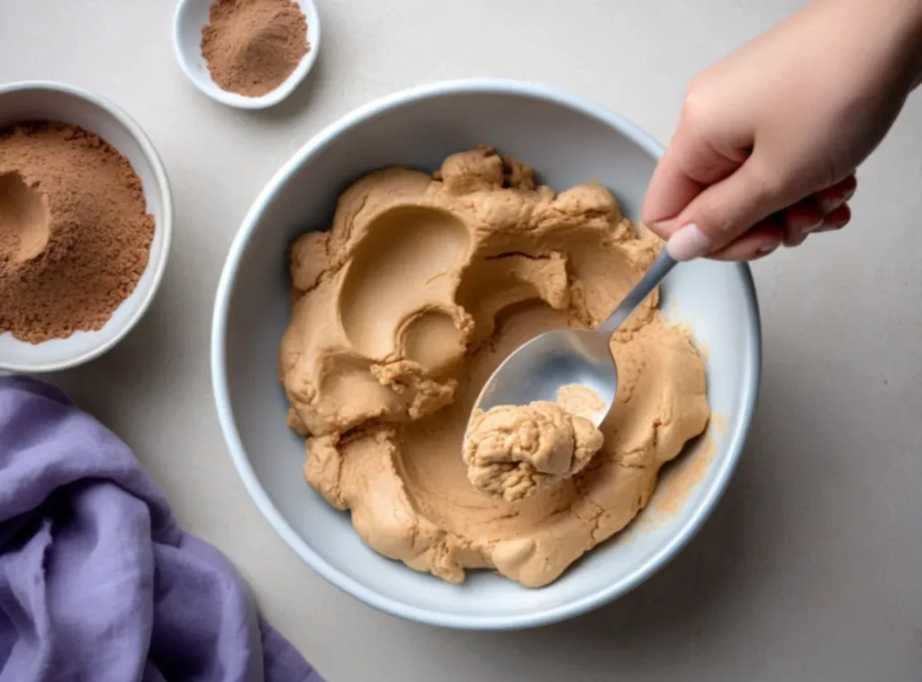 Hands rolling peanut butter dough into balls, with a tray of finished peanut butter balls and a bowl of melted chocolate nearby.