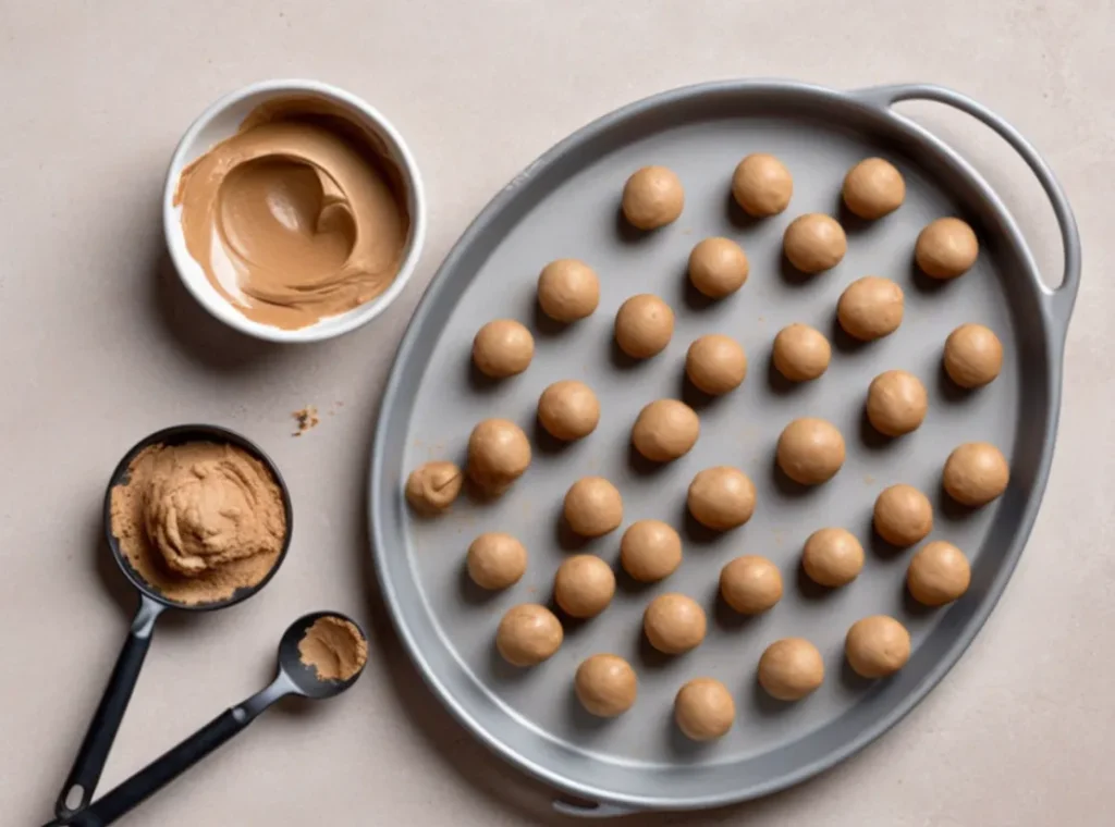 Hands rolling peanut butter dough into balls, with a tray of finished peanut butter balls and a bowl of melted chocolate nearby.