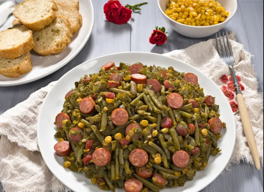 A bowl of smothered green beans and smoked sausage served with cornbread and iced tea.