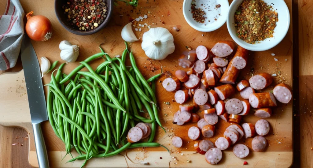  Fresh green beans, sliced smoked sausage, diced onions, and minced garlic on a cutting board during preparation.