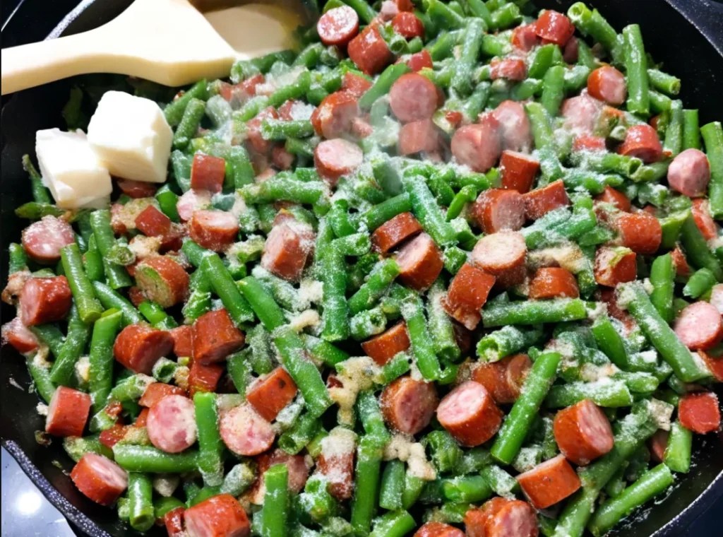 Smoked sausage and onions sizzling in a skillet with green beans being stirred in.