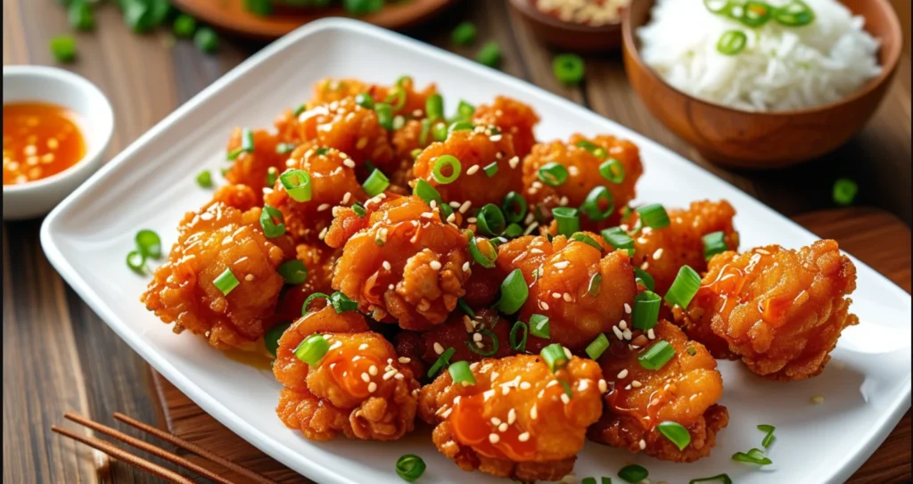 Crispy sweet and sour chicken coated in glossy sauce, garnished with sesame seeds and green onions, served with rice and dipping sauce.