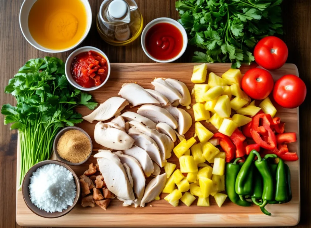 Raw ingredients for sweet and sour chicken, including chicken, bell peppers, pineapple, and sauce components, neatly displayed.