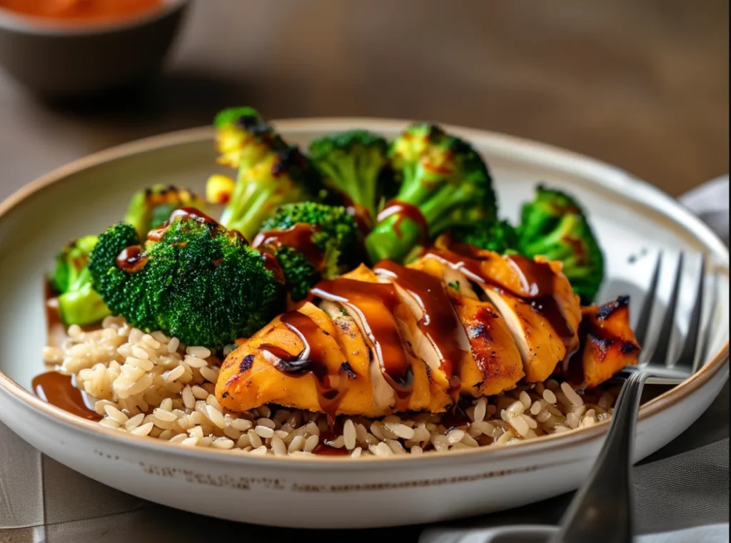 Baked sweet and sour chicken with steamed broccoli and brown rice, drizzled with light sauce for a healthier meal option.