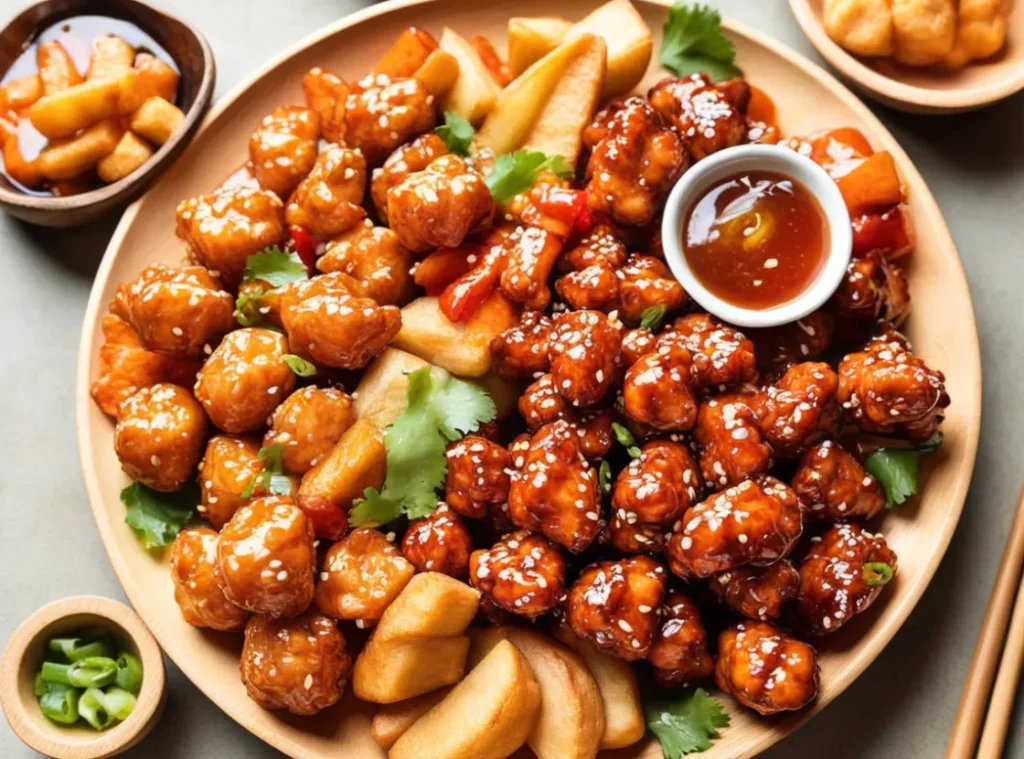 A variety of sweet and sour chicken dishes, including crispy pieces and chicken balls, paired with sauce and chopsticks.