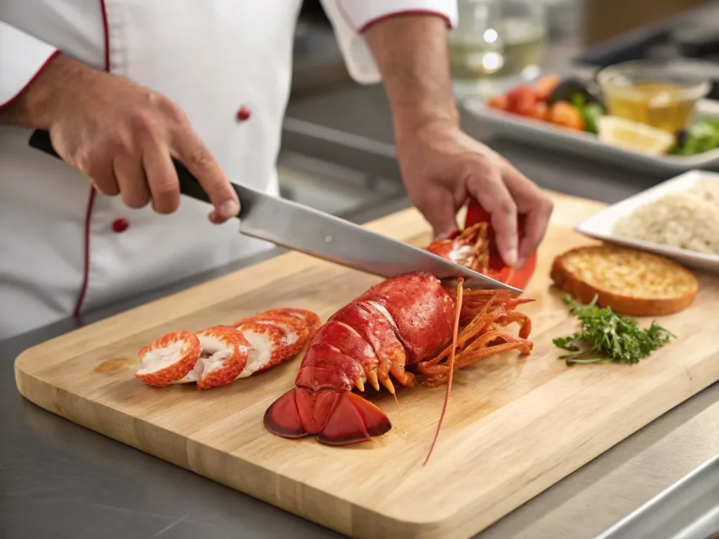 Close-up of a chef slicing freshly cooked lobster meat on a cutting board.