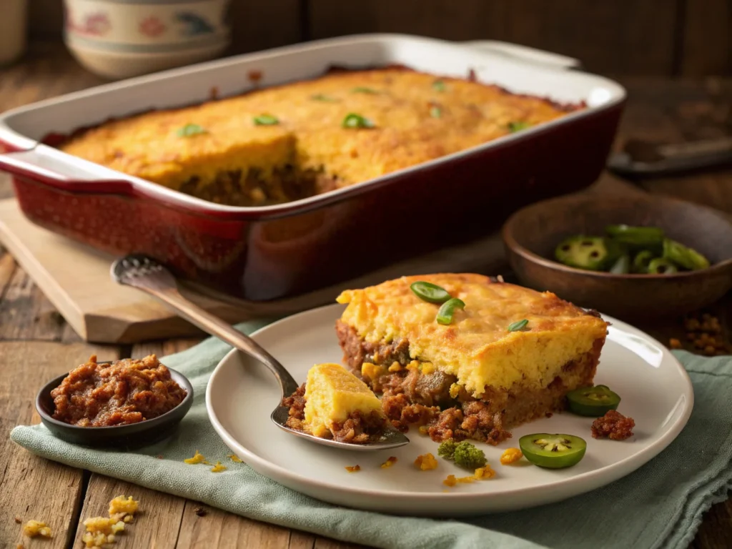 "Mexican cornbread casserole with ground beef, cheese, and jalapeños, served from a rustic baking dish."