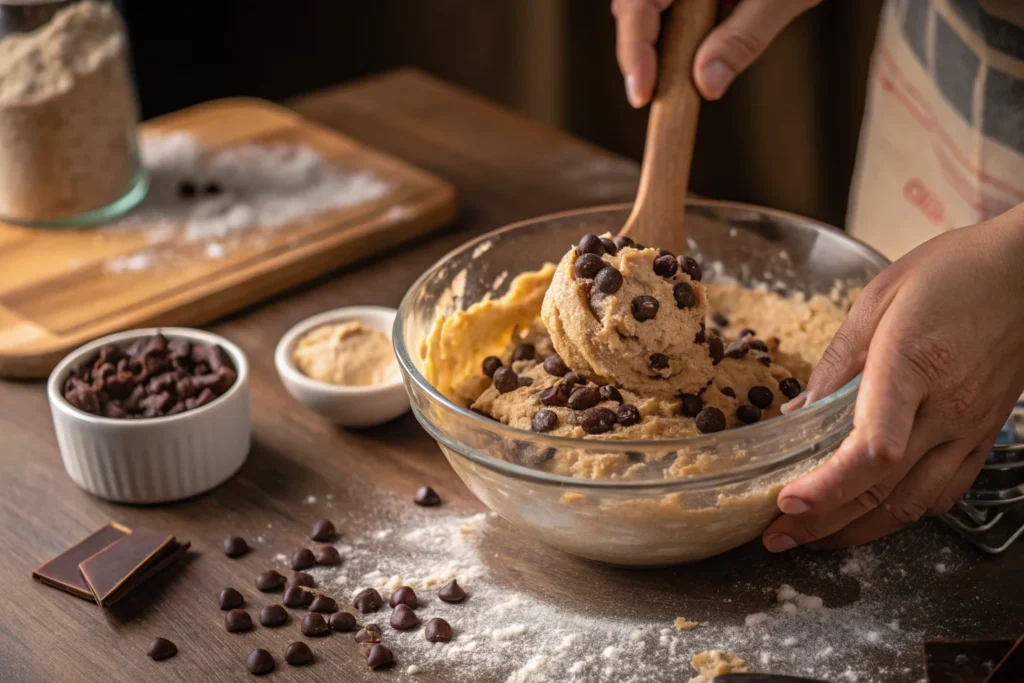  A baker mixing chocolate chip cookie dough in a glass bowl with a wooden spoon, folding in chocolate chips.