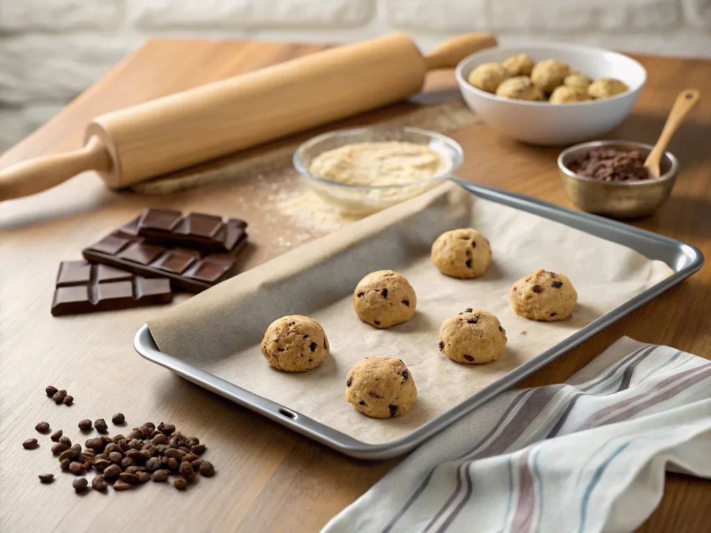 A tray of fricken delicious giant chocolate chip cookie dough balls placed on parchment paper, ready to bake.