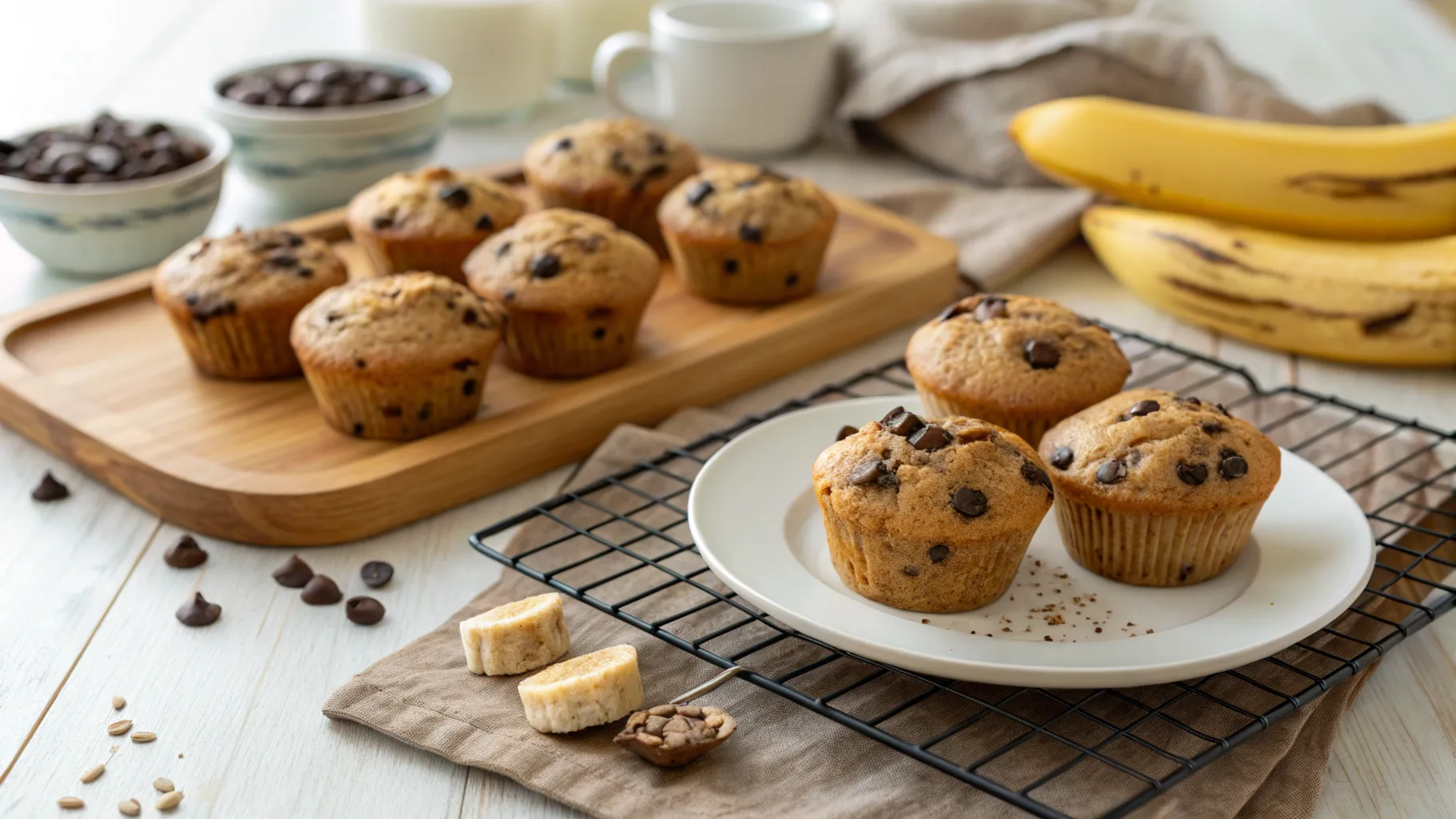 Freshly baked banana brownie muffins cooling on a wooden rack, showcasing their moist, rich texture with a few muffins plated nearby.