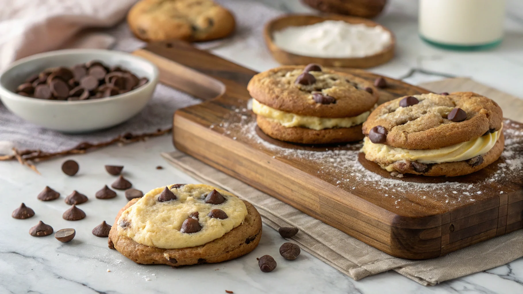 Freshly baked chocolate chip cheesecake cookies with a gooey cheesecake center, placed on a rustic wooden board with scattered chocolate chips.