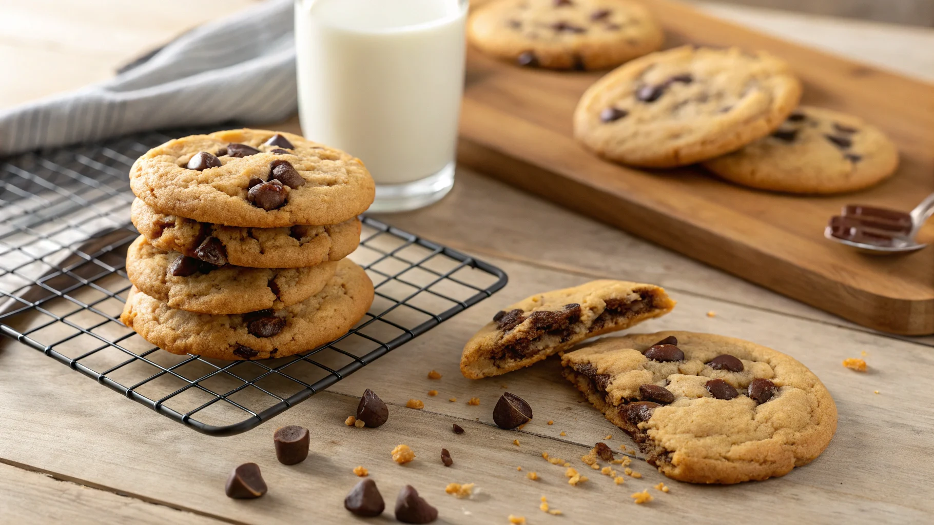 Freshly baked chocolate chip cookies cooling on a wire rack with a glass of milk nearby.