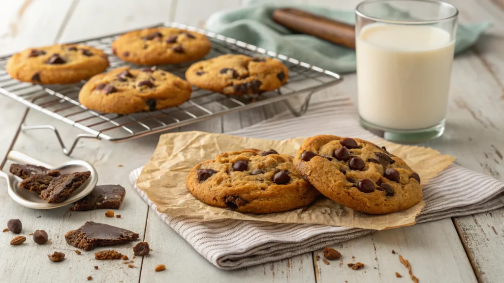 A batch of golden brown chocolate chip cookies cooling on a wire rack, with melted chocolate chips and a glass of milk on a rustic wooden table.