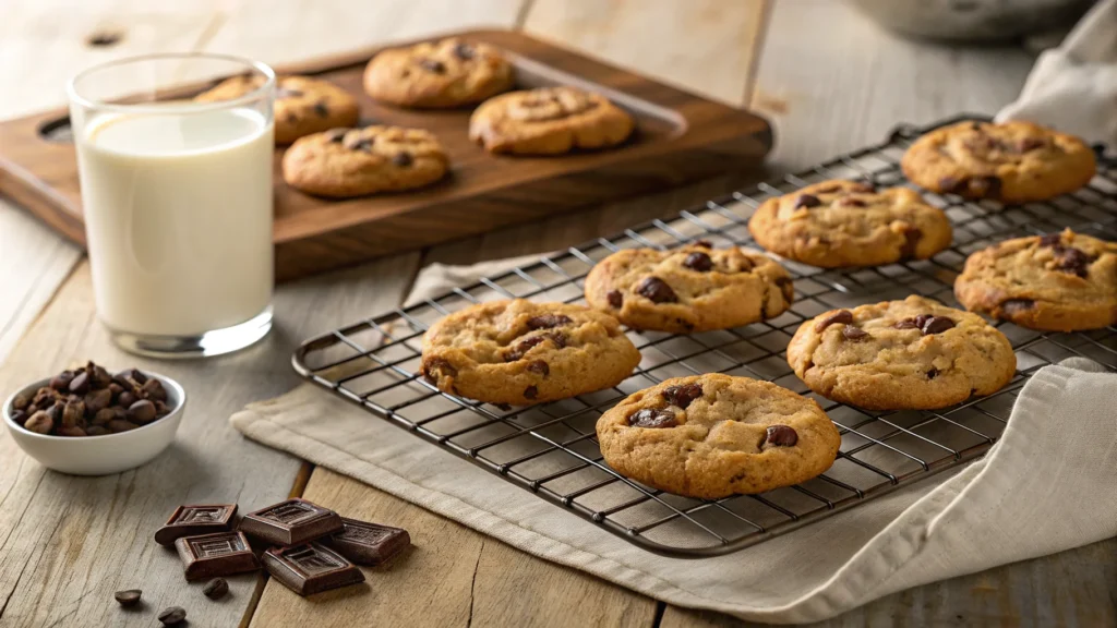 Freshly baked Pillsbury sugar-free chocolate chip cookies cooling on a wire rack with a glass of milk nearby.