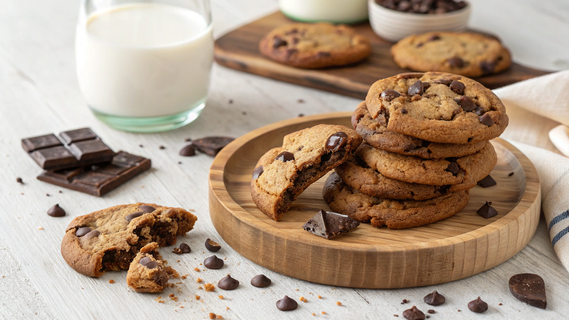 Freshly baked Trader Joe's Chocolate Chocolate Chip Cookies stacked on a plate with melted chocolate chips and a glass of milk.