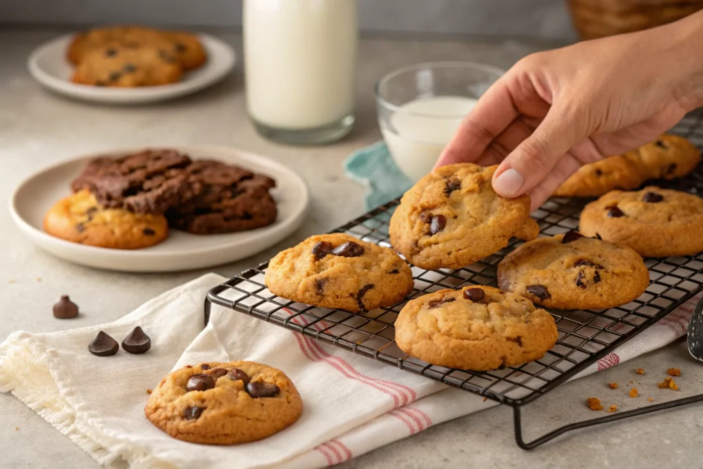 Freshly baked chocolate chip cookies cooling on a wire rack, with a hand reaching for one.