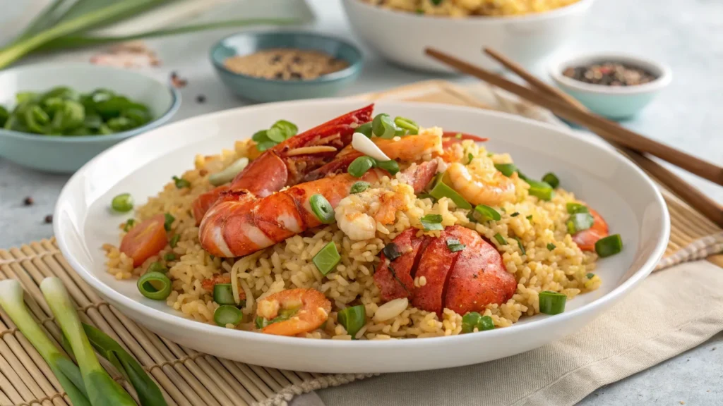 Overhead view of a gourmet lobster fried rice dish with lobster pieces, vegetables, and scallions.