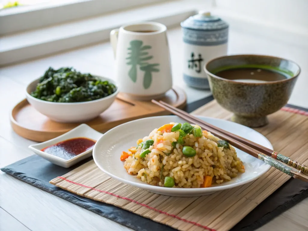 Trader Joe’s Japanese-Style Fried Rice served with miso soup and a seaweed salad.