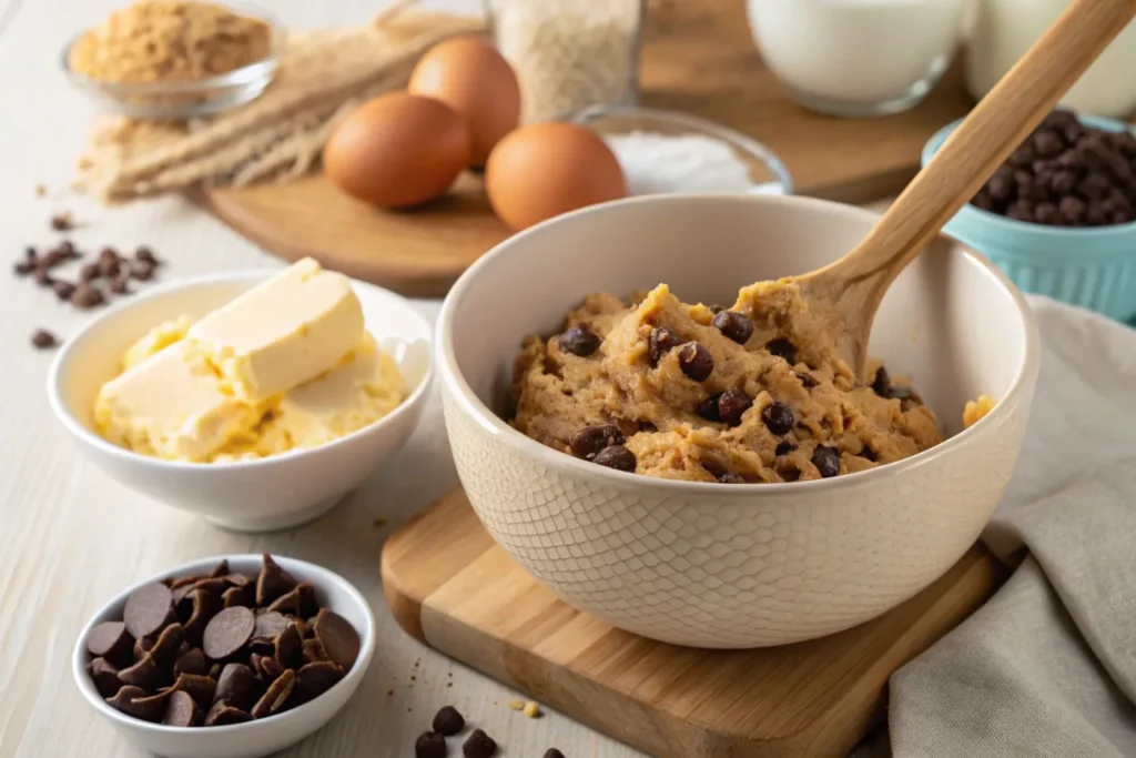 A mixing bowl filled with chocolate chip cookie dough, surrounded by butter, sugar, eggs, and chocolate chips on a wooden countertop.