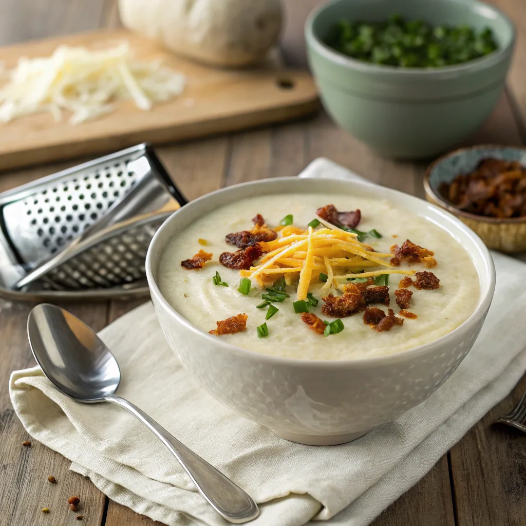 Creamy cauliflower soup made in an Instant Pot, topped with cheddar, bacon, and chives, with a potato masher beside the bowl.