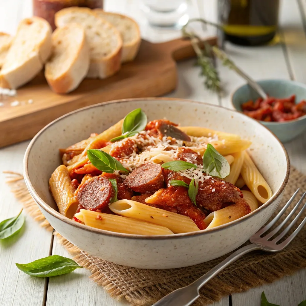 "Penne pasta with smoked Italian sausage slices, marinara sauce, and Parmesan cheese."