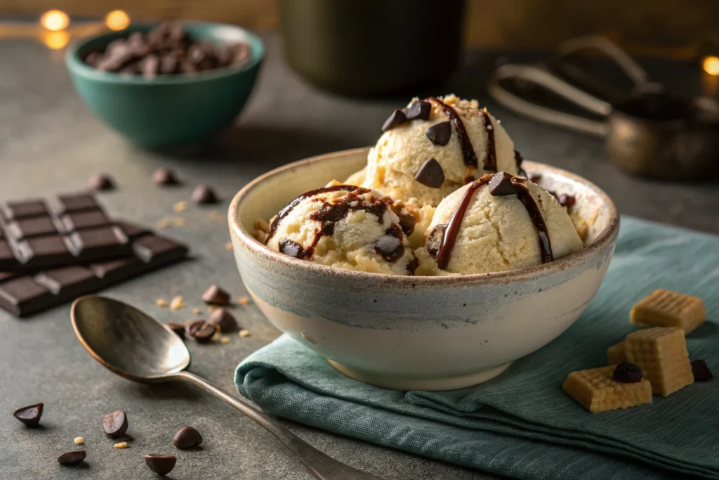 A bowl of sugar-free vanilla ice cream topped with chunks of Pillsbury sugar-free chocolate chip cookie dough and chocolate drizzle.