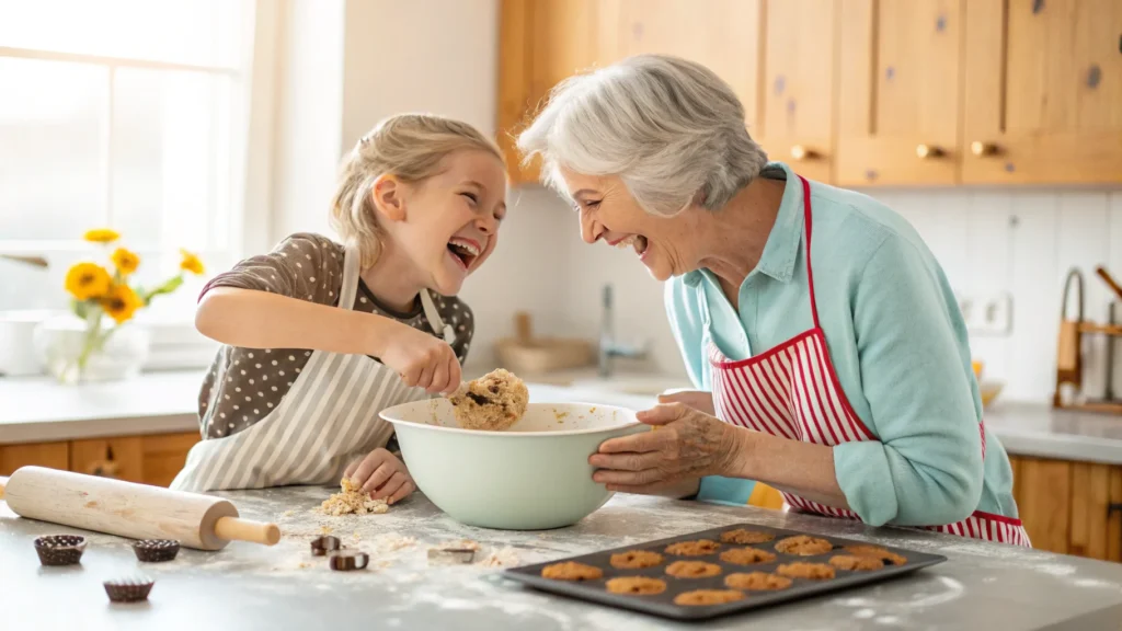 A grandmother and child baking chocolate chip cookies together in a cozy kitchen, mixing dough in a bowl with flour on the counter.