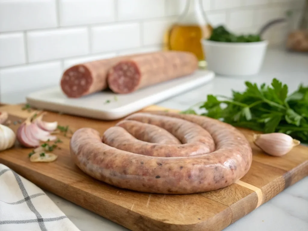 Natural sausage casings and Smithfield smoked sausage, showing the texture and quality of natural casings.