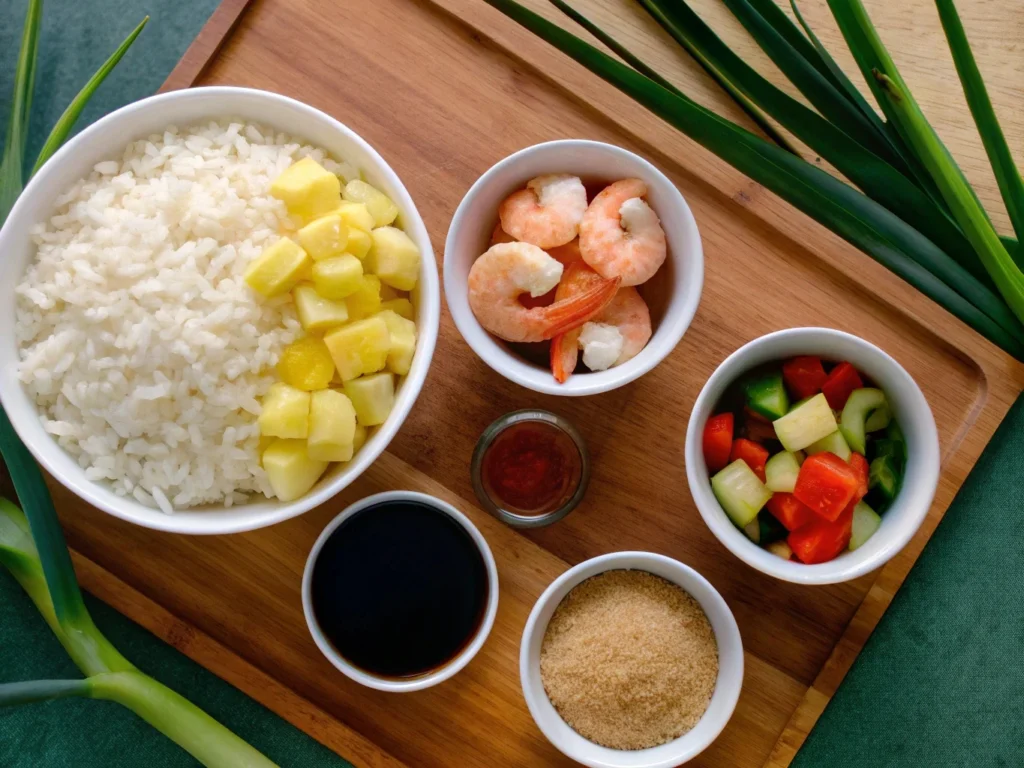 Fresh ingredients for pineapple fried rice, including pineapple chunks, jasmine rice, shrimp, vegetables, and seasonings on a wooden board.