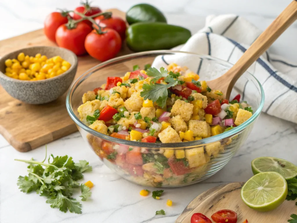 Cornbread salad made with crumbled Jiffy Mexican Cornbread, fresh vegetables, and herbs in a glass bowl.