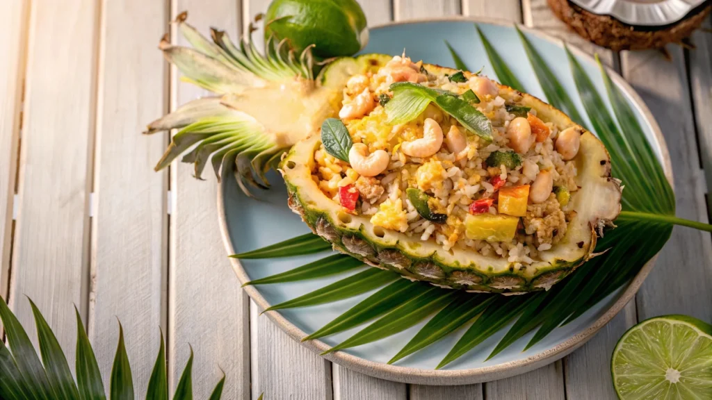 Pineapple fried rice served in a hollowed-out pineapple bowl, garnished with herbs, cashews, and lime wedges on a wooden table.