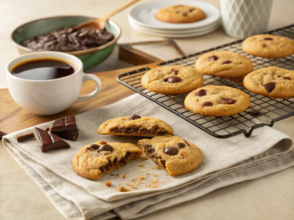 Freshly baked Crisco chocolate chip cookies on a cooling rack, with gooey chocolate centers and crispy edges.