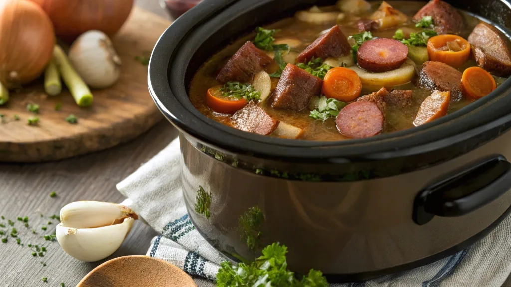 Crockpot filled with brown gravy, smoked sausage, and vegetables, garnished with parsley, on a rustic wooden table.