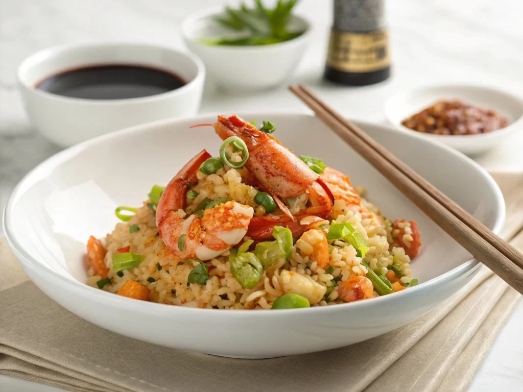 A bowl of lobster fried rice garnished with scallions and sesame seeds, with lobster claws on the side.