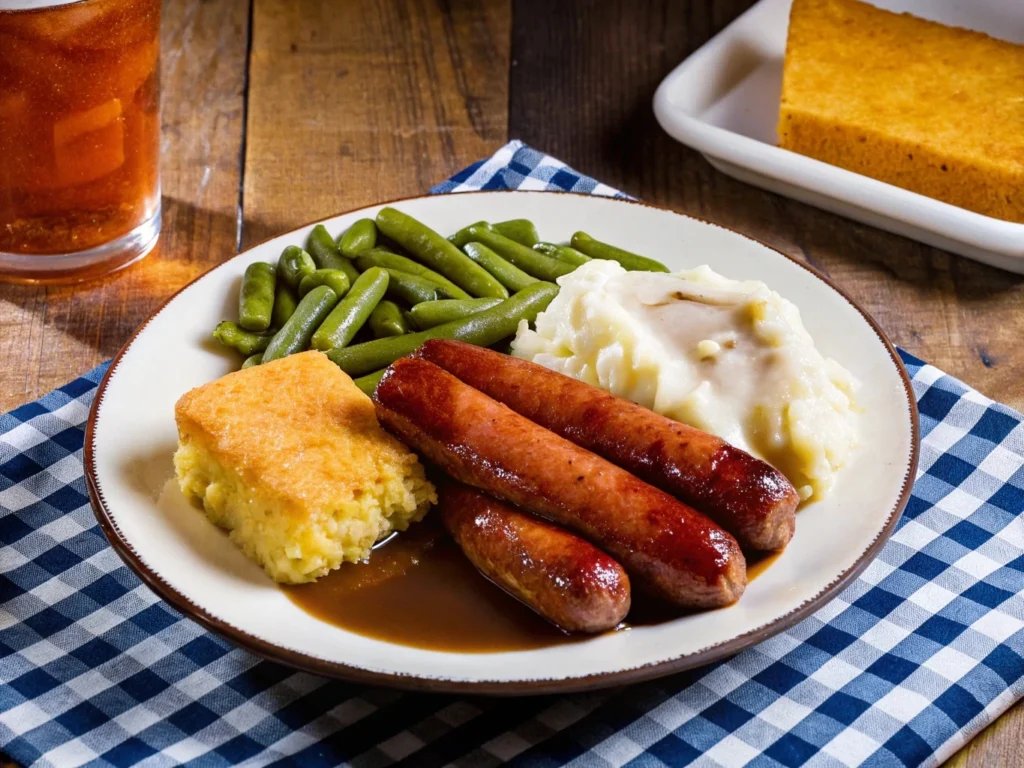  A homestyle plate of brown gravy smoked sausage with mashed potatoes, green beans, and cornbread, set on a checkered cloth.