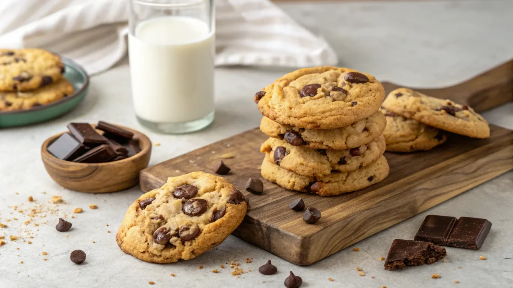 Freshly baked chocolate chip cookies stacked on a wooden board, showing gooey melted chocolate chips, with a glass of milk on the side.